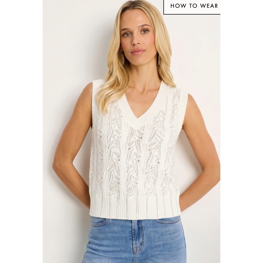 The Noli Shop Mikaela Crystal Knit Tank White V-Neck Sweater Vest Large Preppy